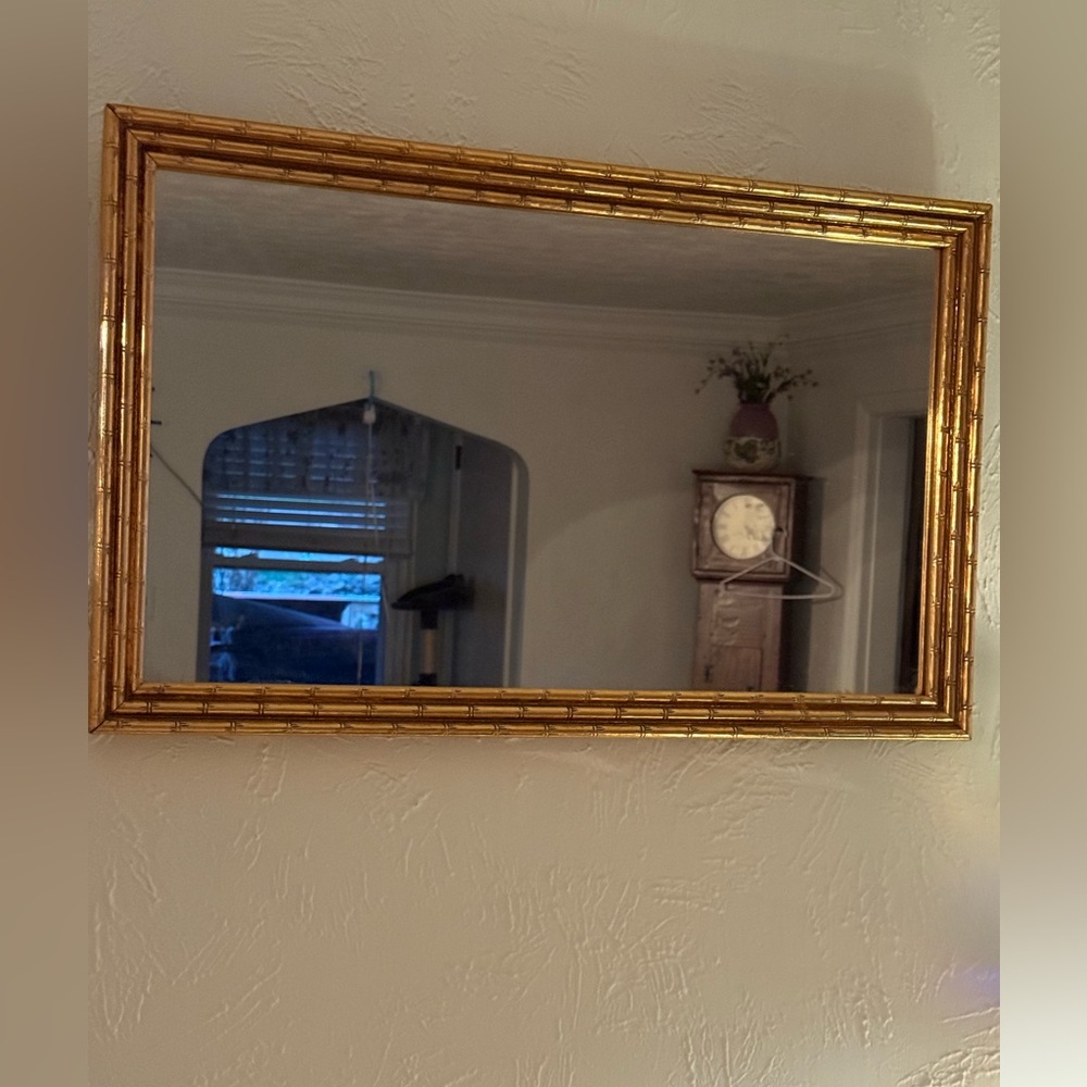 Vintage horizontal stacked bamboo rectangle mirror Hollywood regency rare gold